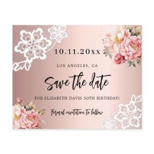Rose gold pink florals birthday Save the Date Flyer