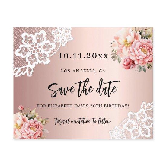 Rose gold pink florals birthday Save the Date Flyer