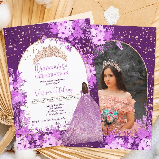 Rose gold purple floral tiara princess Quinceanera