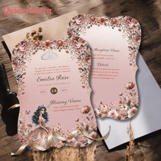 Rose Gold Quinceanera Dress Floral Roses