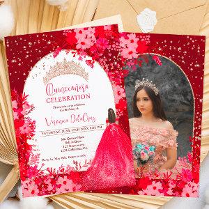 Rose gold red floral tiara princess Quinceanera