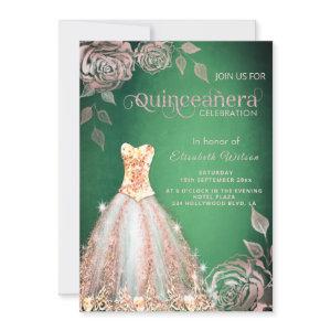Rose Gold roses sequins dress green Quinceañera