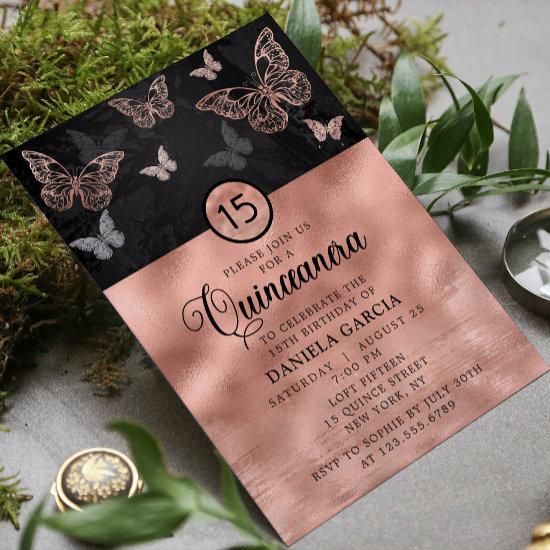 Rose Gold Shimmer Butterfly Modern Quinceañera