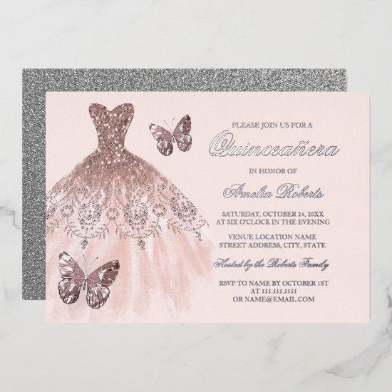 ROSE GOLD SILVER Butterfly Dress Quinceanera   Foil