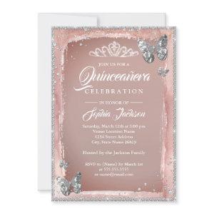 Rose Gold Silver Butterfly Sparkle Quinceanera