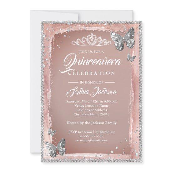 Rose Gold Silver Butterfly Sparkle Quinceanera