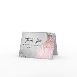 Rose Gold Silver Diamond Sparkle Gown Quinceanera Thank You Card