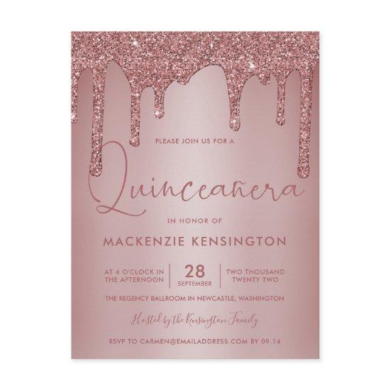 Rose Gold Sparkle Glitter Drips Quinceañera Postcard