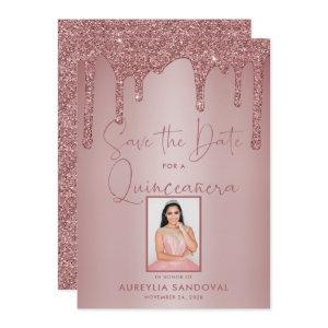 Rose Gold Sparkle Glitter Drips Quinceañera Save The Date