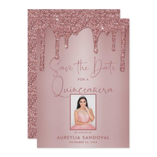 Rose Gold Sparkle Glitter Drips Quinceañera Save The Date