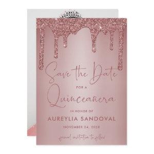 Rose Gold Sparkle Glitter Drips Quinceañera Save The Date