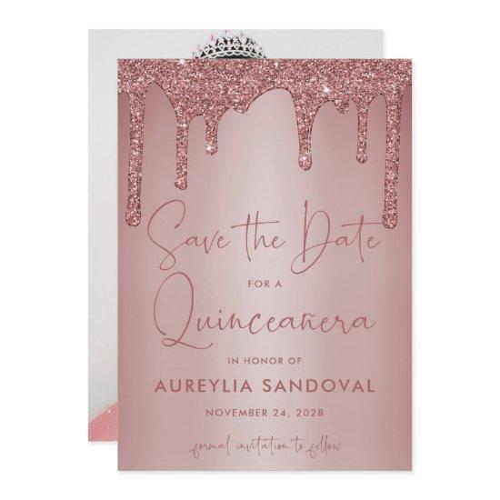 Rose Gold Sparkle Glitter Drips Quinceañera Save The Date