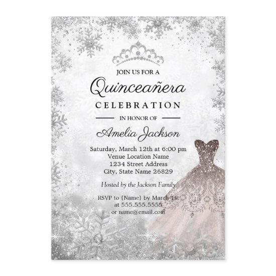 Rose Gold Sparkle Snowflakes Winter Quinceanera