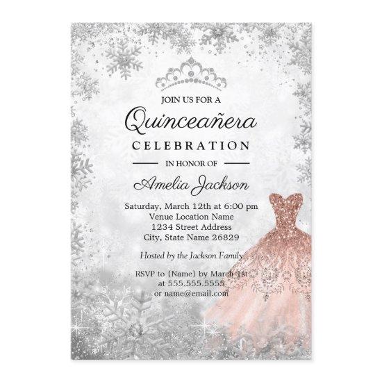 Rose Gold Sparkle Snowflakes Winter Quinceanera