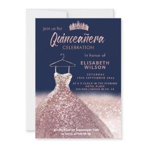 Rose gold  tiara sequins dress Quinceañera navy