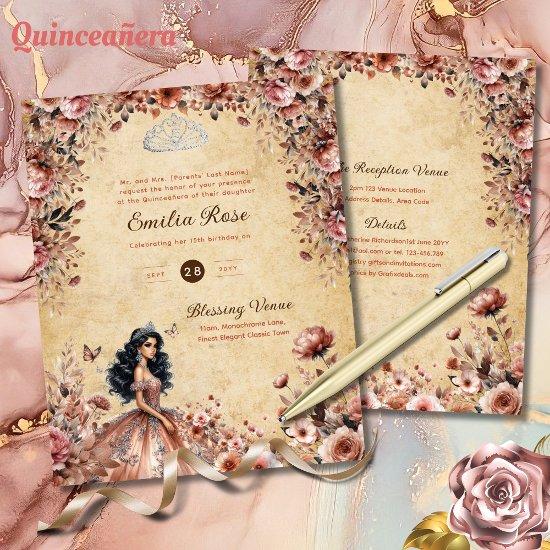 Rose Gold Vintage Quinceanera Dress Floral Roses