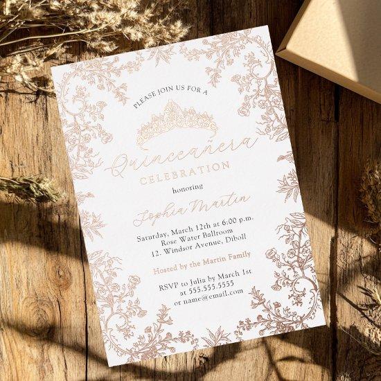 Rose Gold White Blush Elegant Vintage Quinceanera  Foil