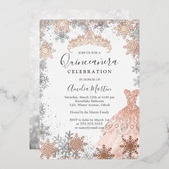 Rose Gold Winter Snowflake Silver Quinceanera  Foil