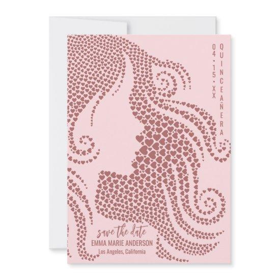 Rose Gold Woman Silhouette in Hearts Quinceañera Save The Date