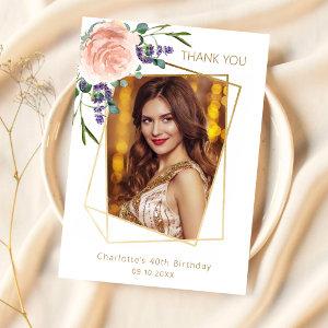 Rose lavender floral photo birthday thank you card