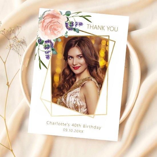 Rose lavender floral photo birthday thank you card