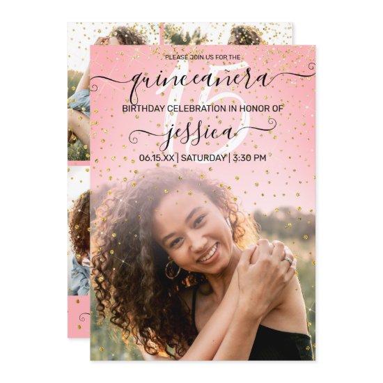 Rose Pink Gold Confetti Photo Collage Quinceañera