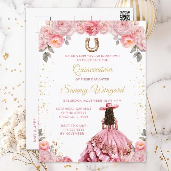 Rose Pink Princess Floral Charro Quinceañera Postcard