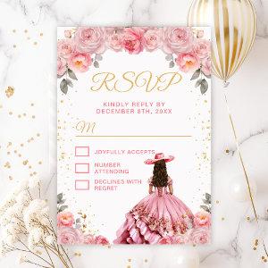 Rose Pink Princess Floral Charro Quinceañera RSVP Card