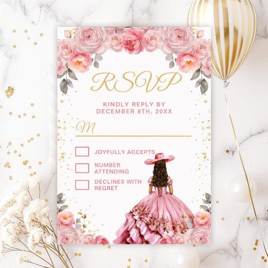 Rose Pink Princess Floral Charro Quinceañera RSVP Card