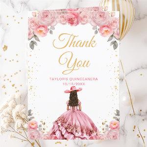 Rose Pink Princess Floral Charro Quinceañera Thank You Card