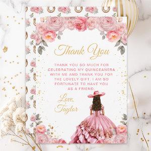 Rose Pink Princess Floral Charro Quinceañera Thank You Card