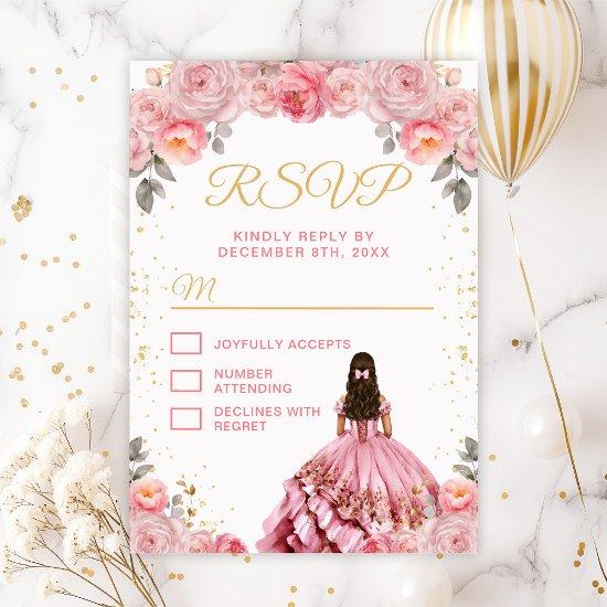 Rose Pink Princess Floral Quinceañera RSVP Card