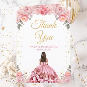 Rose Pink Princess Floral Quinceañera Thank You Card