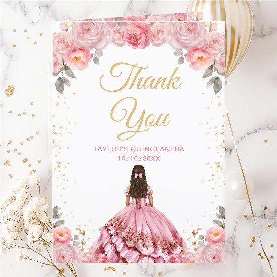 Rose Pink Princess Floral Quinceañera Thank You Card