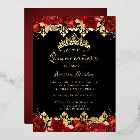 Rose Red Gold Damask Floral Quinceanera Foil