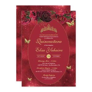 Rose Red Gold Luxury Butterfly Quinceanera