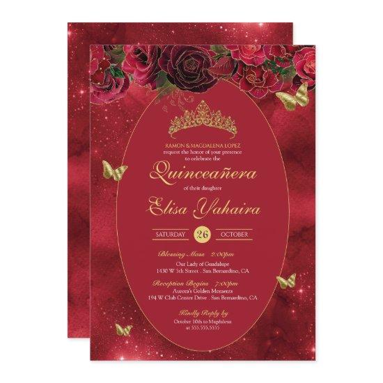 Rose Red Gold Luxury Butterfly Quinceanera