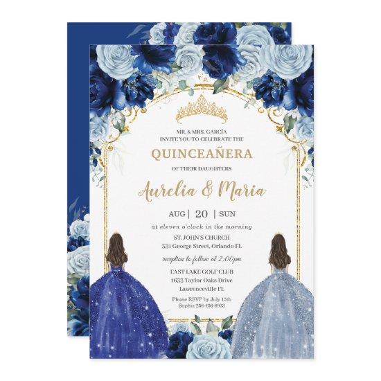 Royal Baby Blue Floral Girls Twins Quinceañera