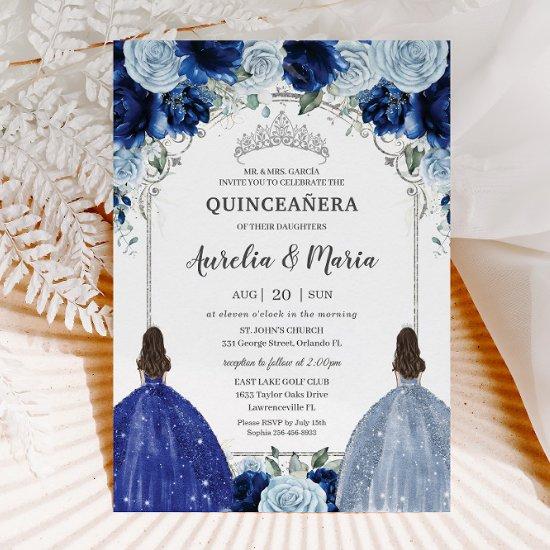 Royal Baby Blue Floral Twins Silver Quinceañera