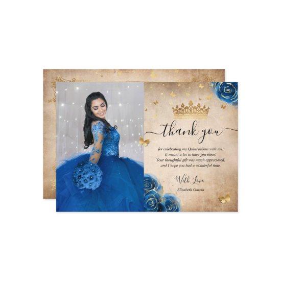 Royal Blue and Gold Quinceañera Photo Birthday Thank You Card