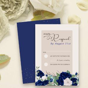 Royal Blue and Ivory Rose Elegant Floral RSVP Card