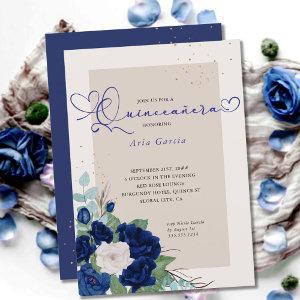Royal Blue and Ivory Roses Elegant Quinceanera