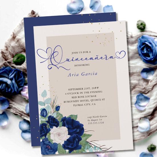 Royal Blue and Ivory Roses Elegant Quinceanera
