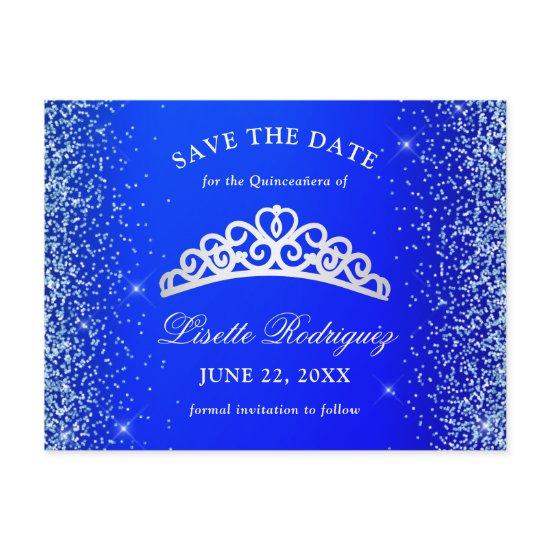 Royal Blue and Silver Quinceanera Save The Date Postcard