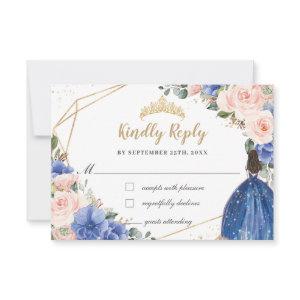 Royal Blue Blush Floral Quinceañera Princess Reply RSVP Card