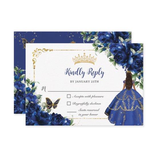 Royal Blue Butterflies Princess Gold Quinceañera RSVP Card
