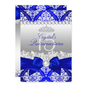Royal Blue Damask Pearl Bow Quinceanera Invite