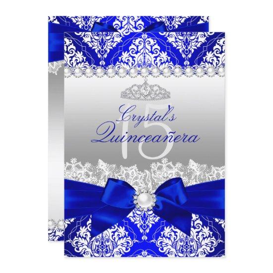Royal Blue Damask Pearl Bow Quinceanera Invite