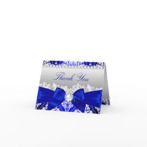 Royal Blue Damask & Pearl Bow Thank You Card