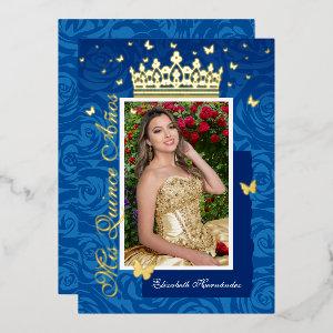 Royal Blue Elegant Photo Quinceañera Gold Foil